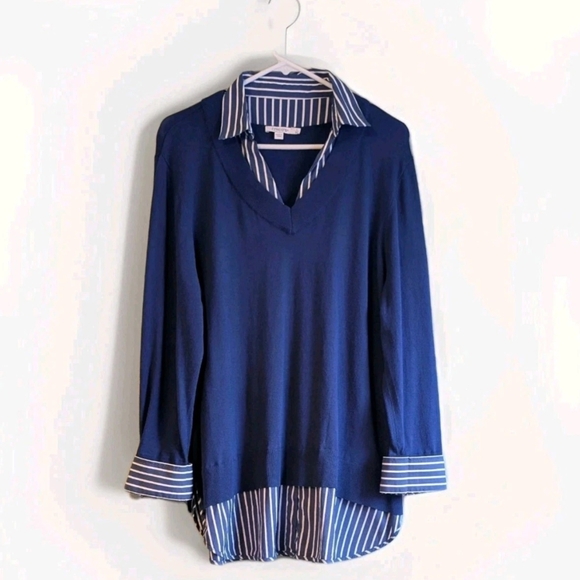 Chico's 4 Womens Blue V-Neck Sweater Long Sleeve Striped Shirt Built-In Size XXL - Picture 4 of 9